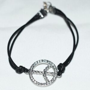 Trendy Retro Rhinestone Silver Tone Metal Peace Sign Black Cord 6" Bracelet
